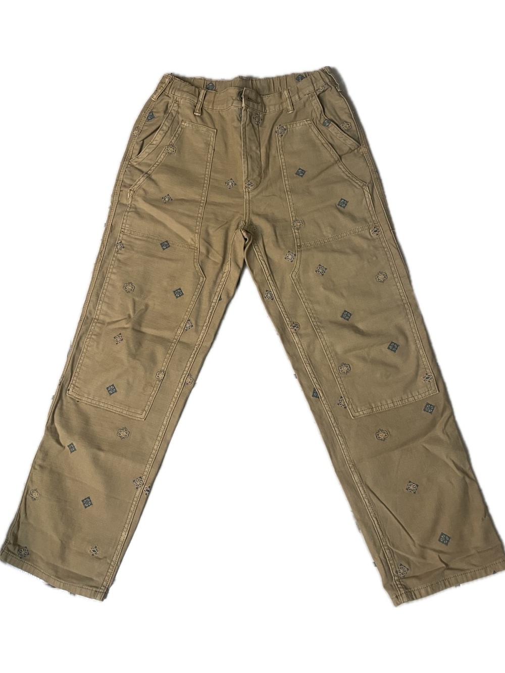 Pilcro Anthropologie Embroidered Khaki Pants with Blue Motifs